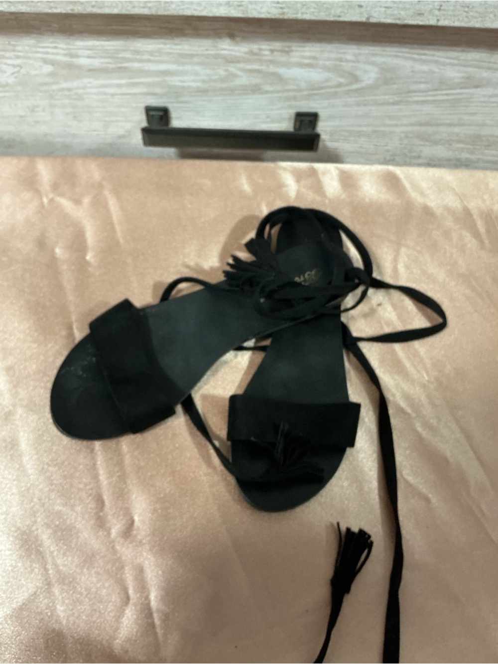 Black Lace-Up Tassel Flat Sandals